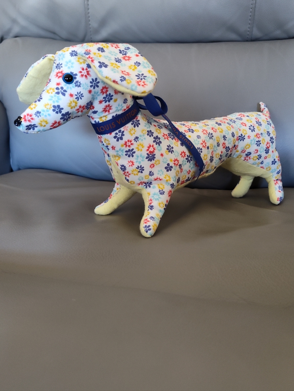 Yellow Floral Dachshund Plush Toy with Branded  Blue Ribbon Handsewn